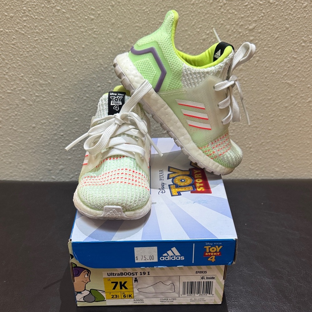 Toy Story Adidas Kids UltraBOOST 19.1 White and Neon Green Sneakers